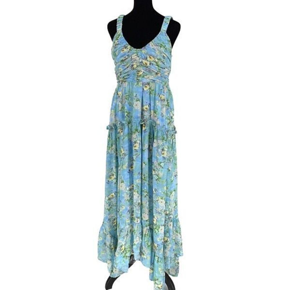 ASTR‎ the Label Womens Floral Shirred V-Neck Shirred Sundress Blue Green Medium - Picture 2 of 11